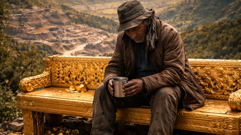 mendigo sentado en un banco de oro?